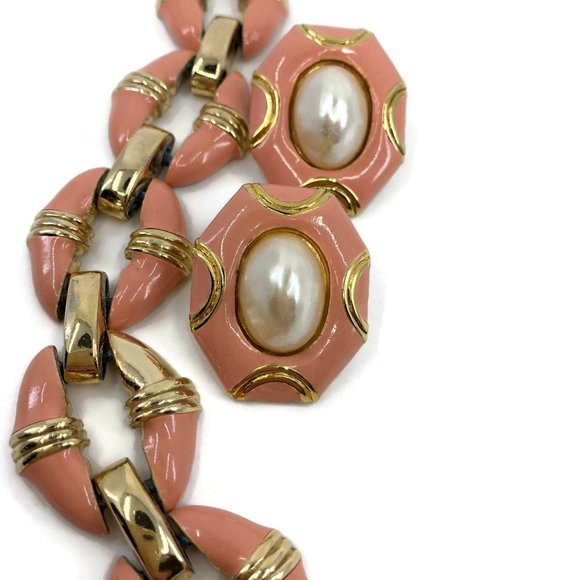 Donald Stannard Bracelet and Earring Set Gold with Coral Enamel and Faux Pearl, - Picture 3 of 10